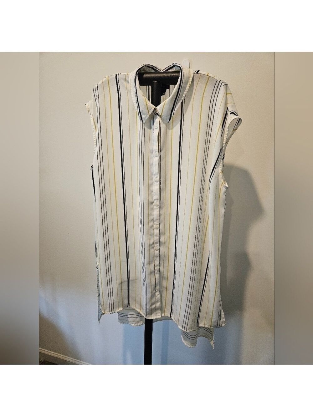 WORTHINGTON WOMEN'S HIGH-LOW TUNIC TOP IVORY WITH BLACK/ MUSTARD STRIPES SIZE XL